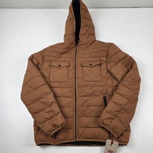 Levi's Jacket Mens Medium Brown Hooded Lightweight Insulated Full Zip Puffer